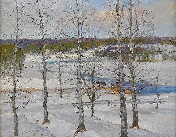 Anton Genberg Winter landscape of Norrland with birch trees